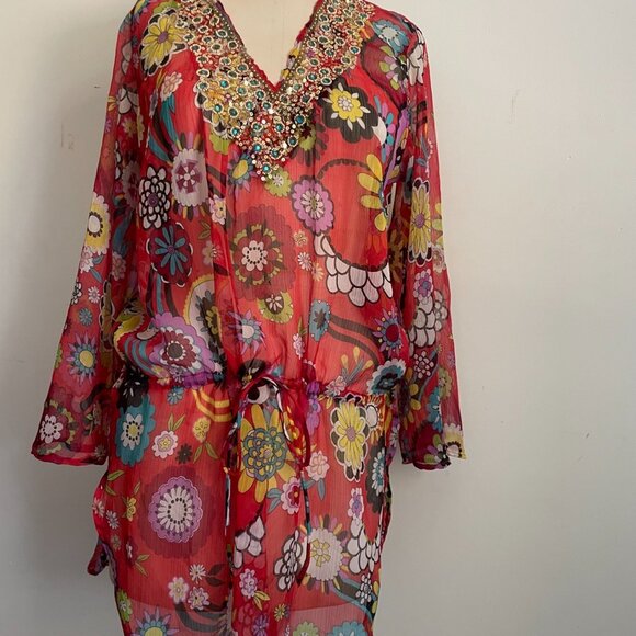 Boho Floral Sheer Tunic Dress with Sequin Beaded Neckline - Picture 13 of 13